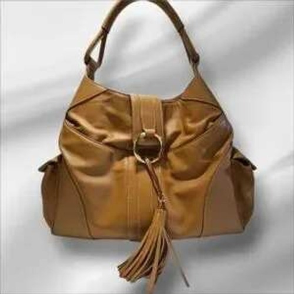 Jane Bolinger Tan Leather Shoulder Bag Made in Italy Tassel 4 Pocket Hobo